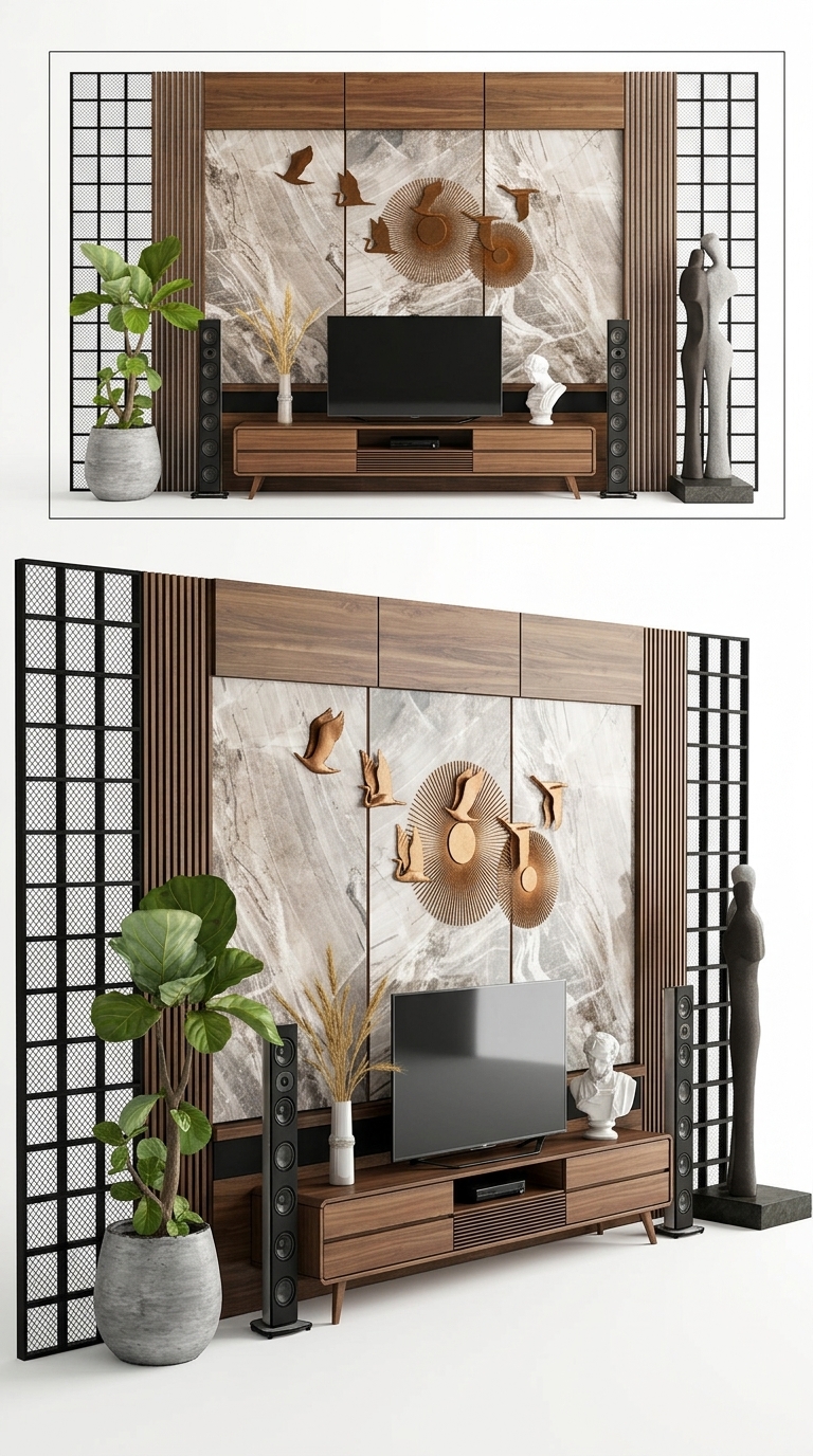 28. Thiết kế kệ tivi gỗ walnut phối vách đá và decor chim bay sang trọng