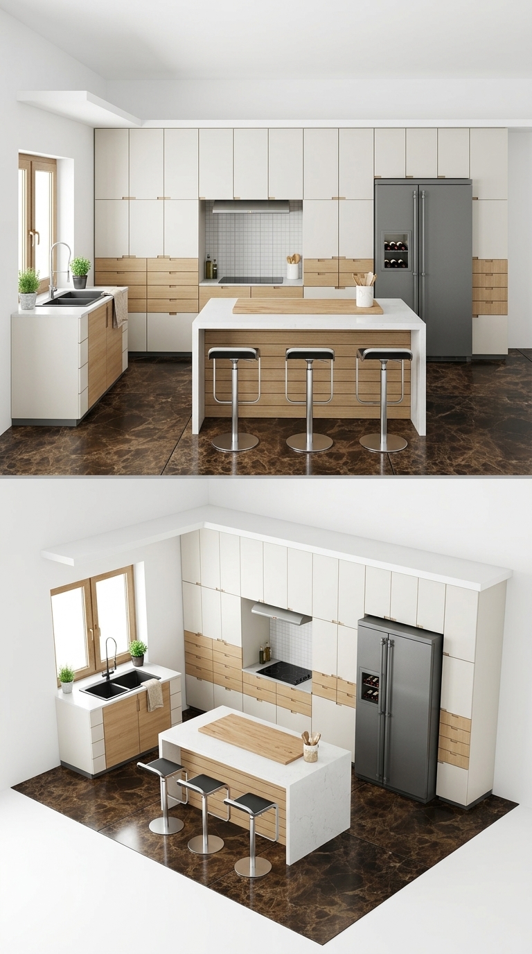 21. Model Sketchup không gian bếp đương đại tone trắng gỗ cho hồ sơ thiết kế nội thất