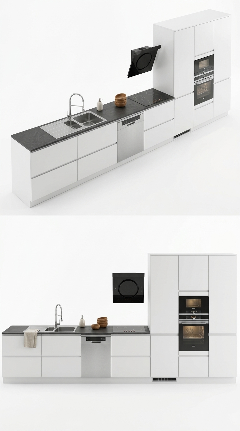 22. Download Model Sketchup hệ tủ bếp chữ I kịch trần đầy đủ thiết bị gia dụng hiện đại