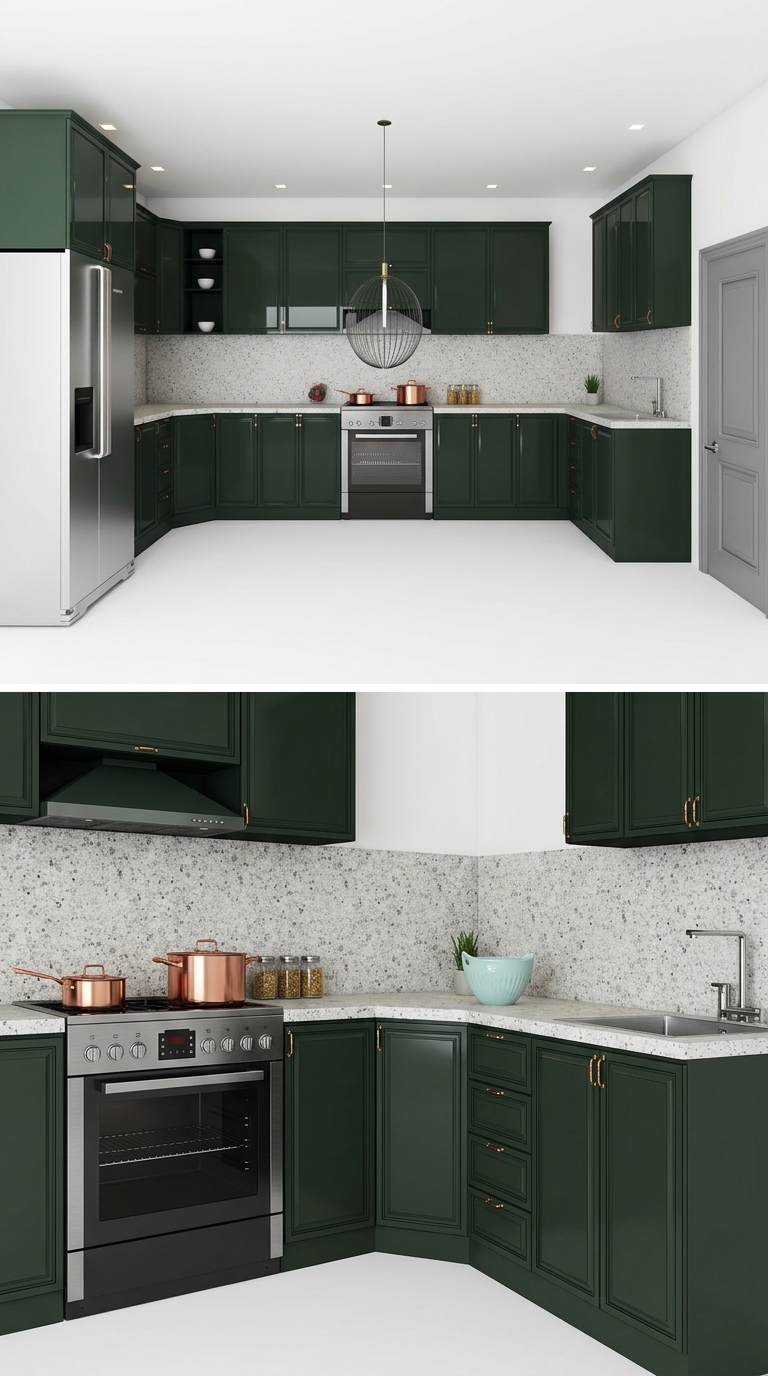 23. Mẫu Model Sketchup bếp chữ U tân cổ điển phối màu xanh Forest Green ấn tượng