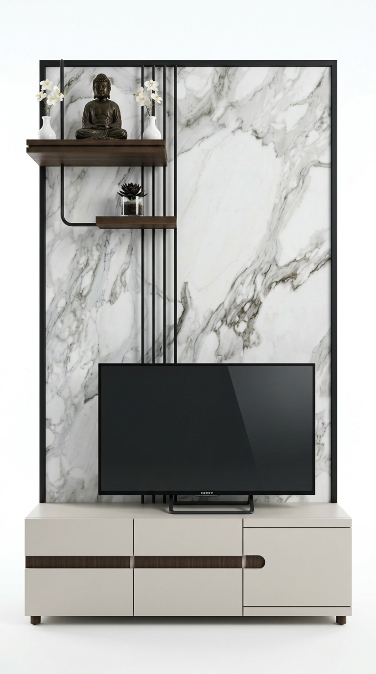 33. Thiết kế vách tivi đá marble trắng ý kết hợp kệ treo decor art