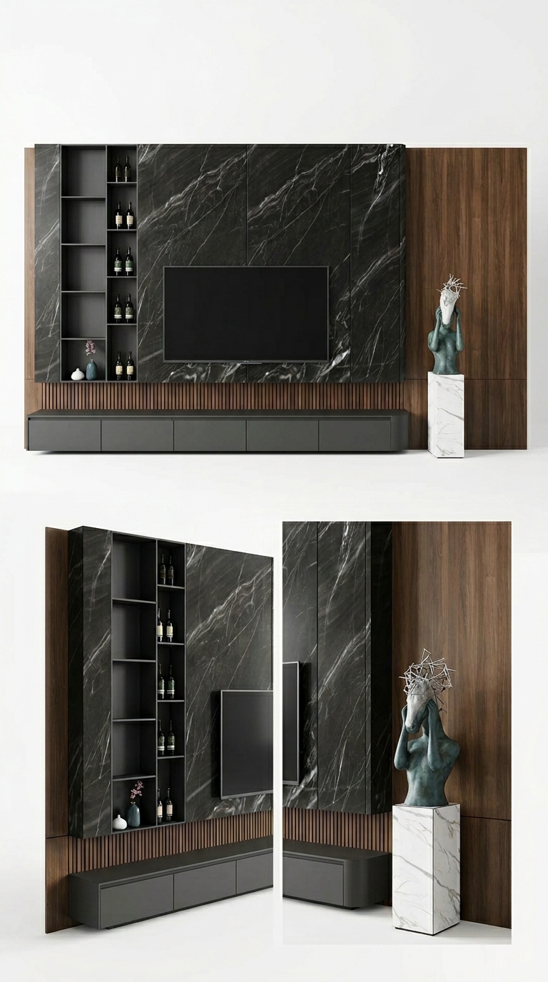 34. Model tv wall đá black marquina phối nan gỗ đẳng cấp cho villa