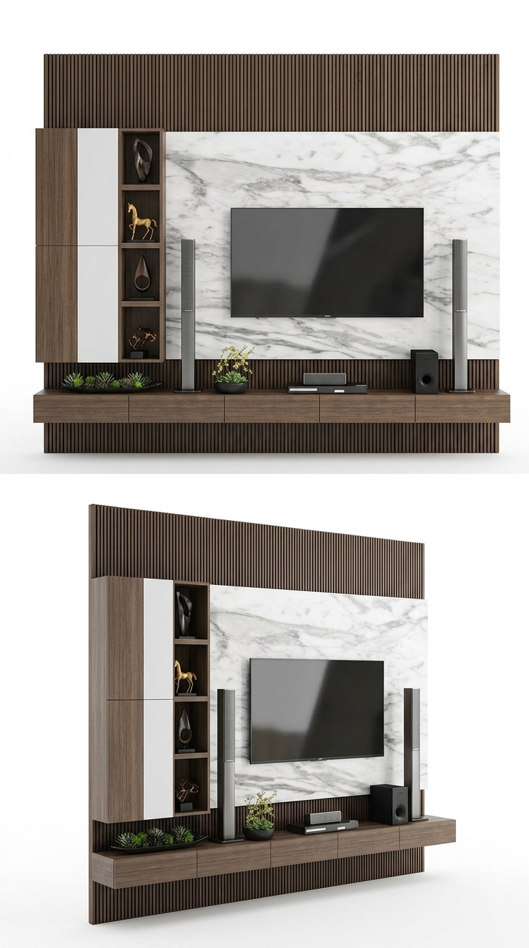 37. Download model sketchup vách tv decor nan gỗ kết hợp chỉ đá marble trắng sang trọng