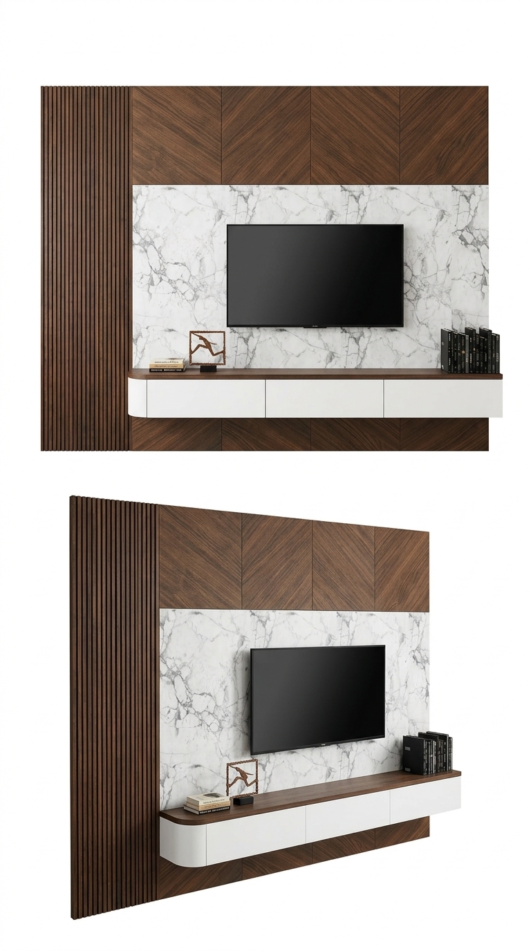 39. Hệ kệ tv treo minimalist phối cánh gỗ xương cá và background đá marble