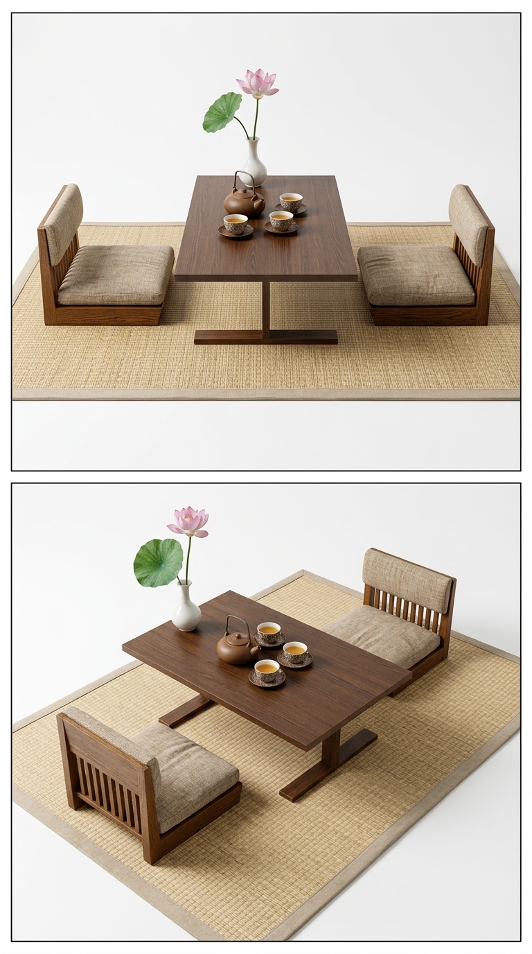 15. Model SketchUp bộ bàn trà đạo gỗ tự nhiên kết hợp ghế bệt Zaisu hiện đại