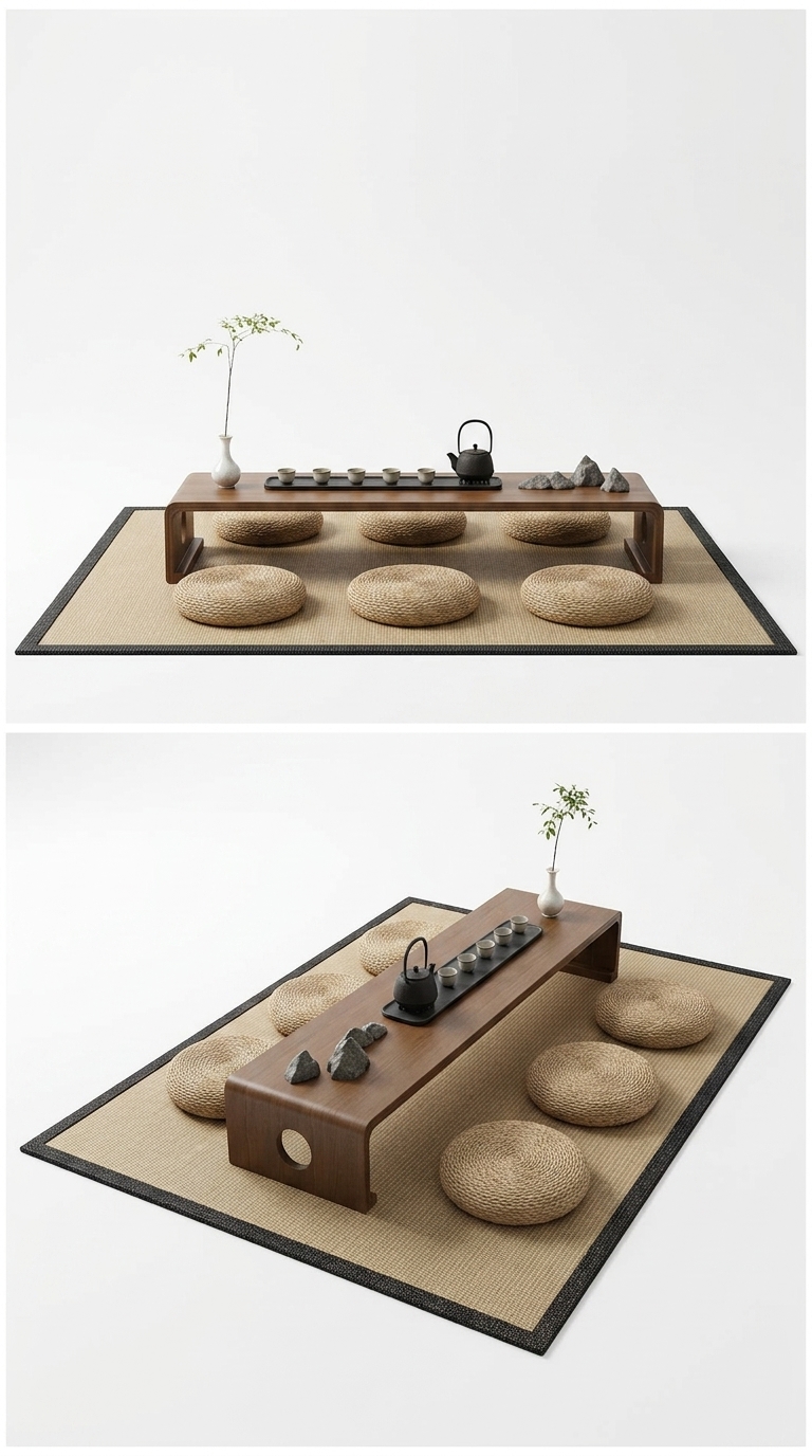 16. Tải file SketchUp bàn trà dài Zen phối cùng đệm ngồi thiền cho không gian trà đạo