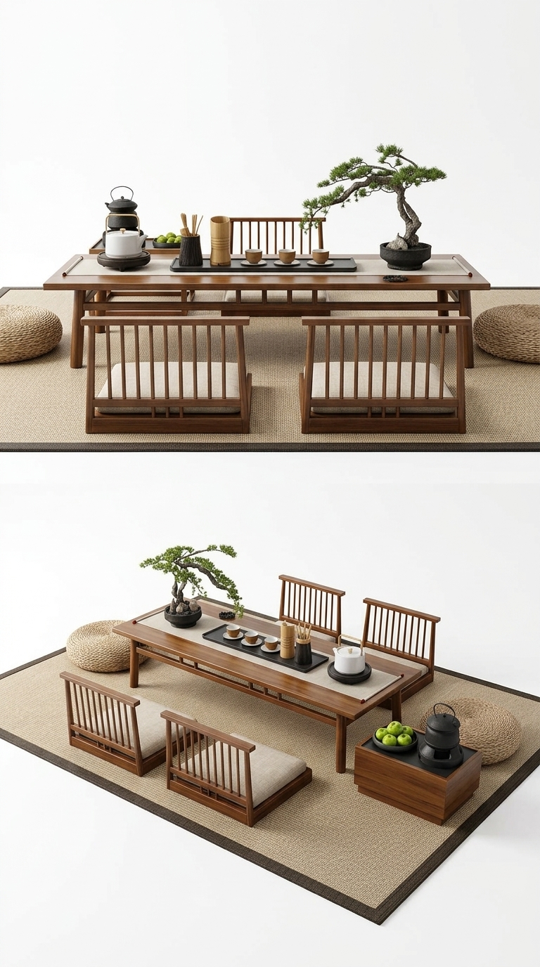 17. Model SketchUp không gian trà đạo cao cấp với bàn gỗ lớn và ghế tựa lưng truyền thống