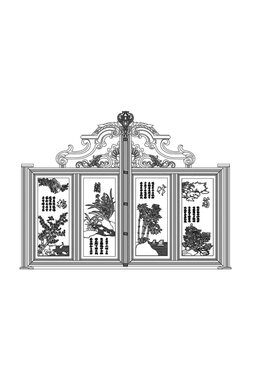 25. Bản vẽ AutoCAD cổng 4 cánh họa tiết tranh thủy mặc và thư pháp truyền thống