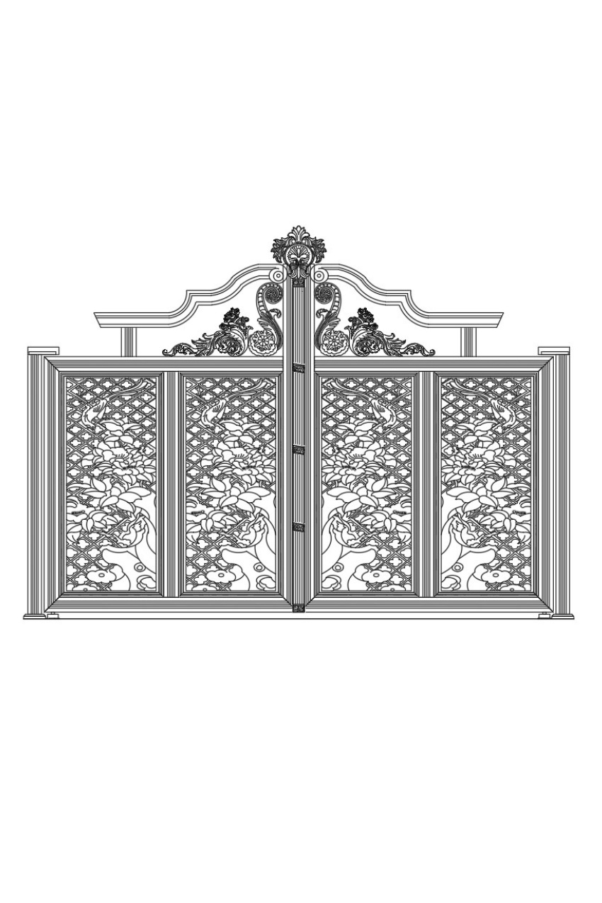 27. File DWG cổng nhôm đúc tân cổ điển họa tiết hoa lá tây đối xứng