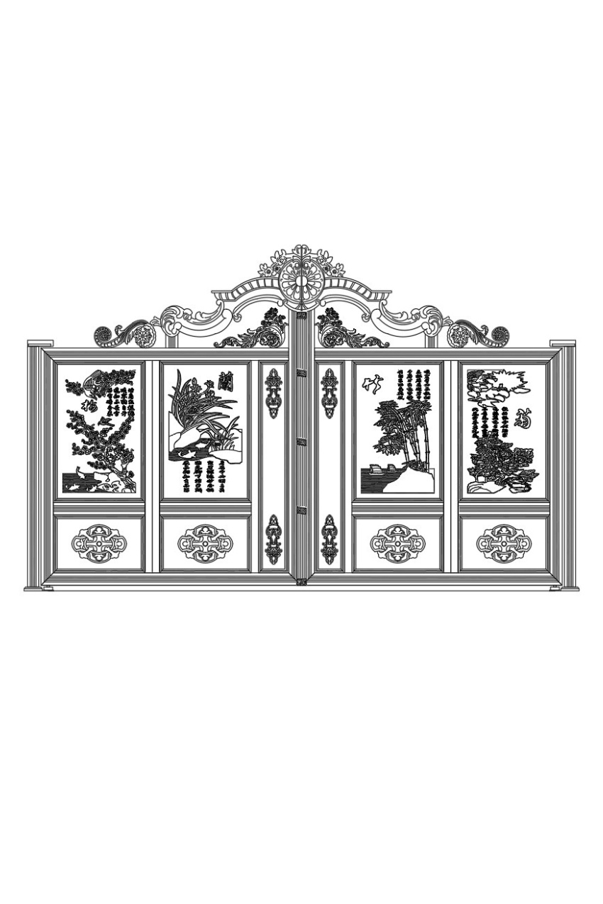 30. Bản vẽ AutoCAD cổng 4 cánh họa tiết tứ quý và phù điêu trang trí