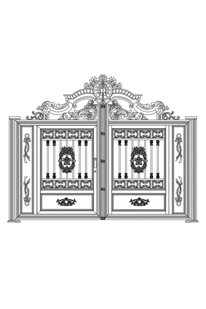 34. Bản vẽ AutoCAD cổng 2 cánh nhôm đúc họa tiết phù điêu và hoa văn tân cổ điển