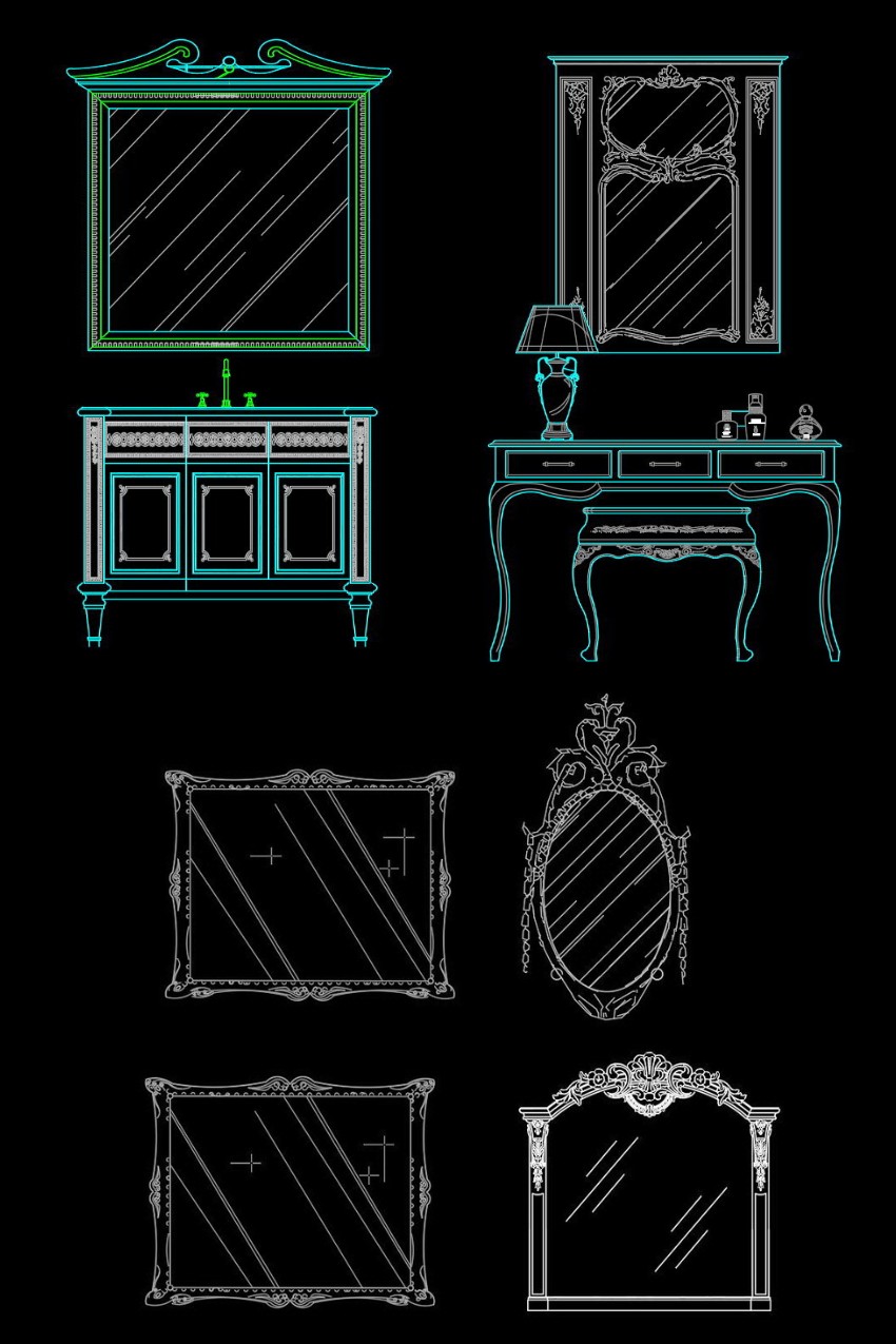 117. Bản vẽ cad gương và bàn trang điểm
