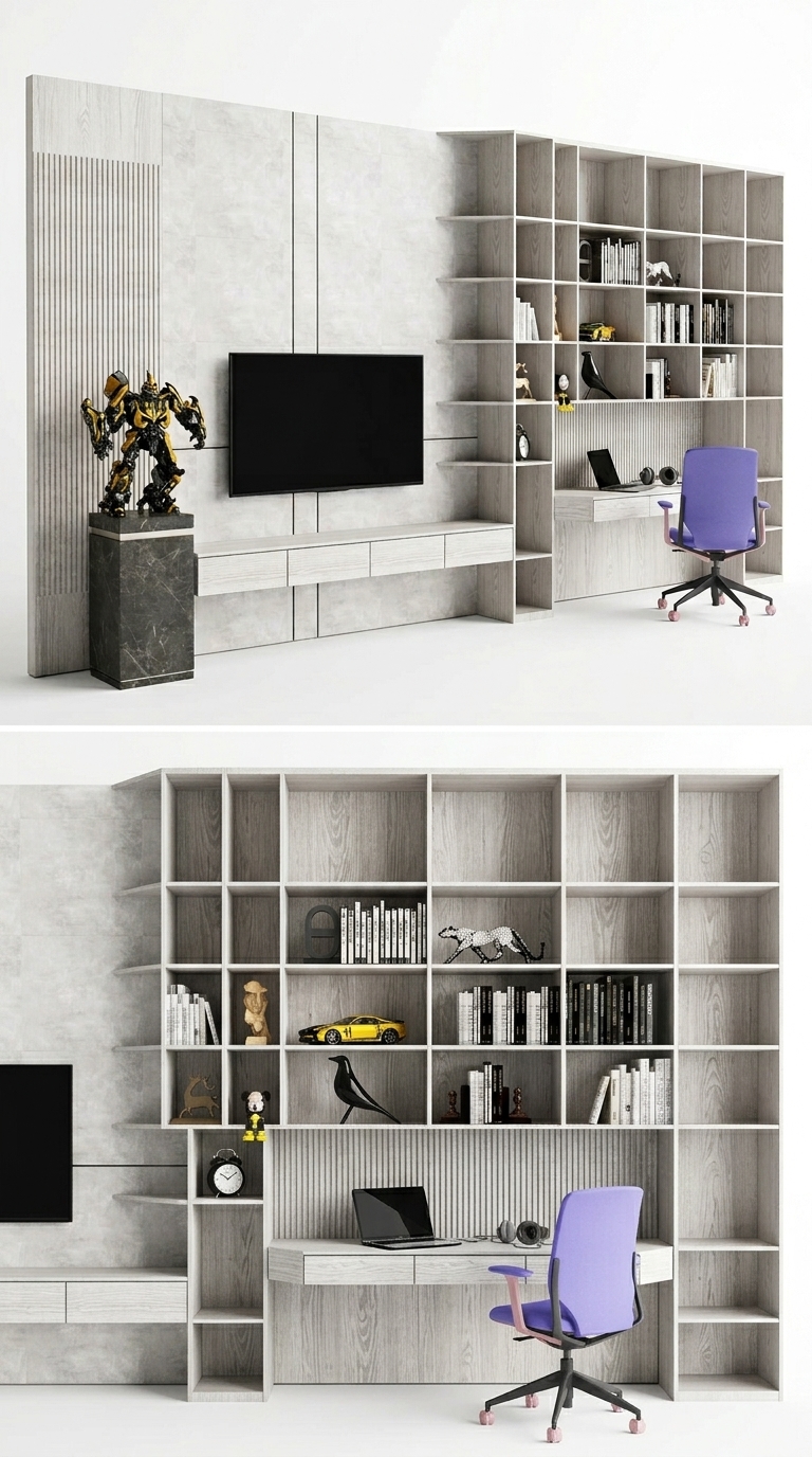 43. Model Sketchup hệ tủ kệ tivi kịch trần kết hợp giá sách và bàn làm việc phong cách tối giản