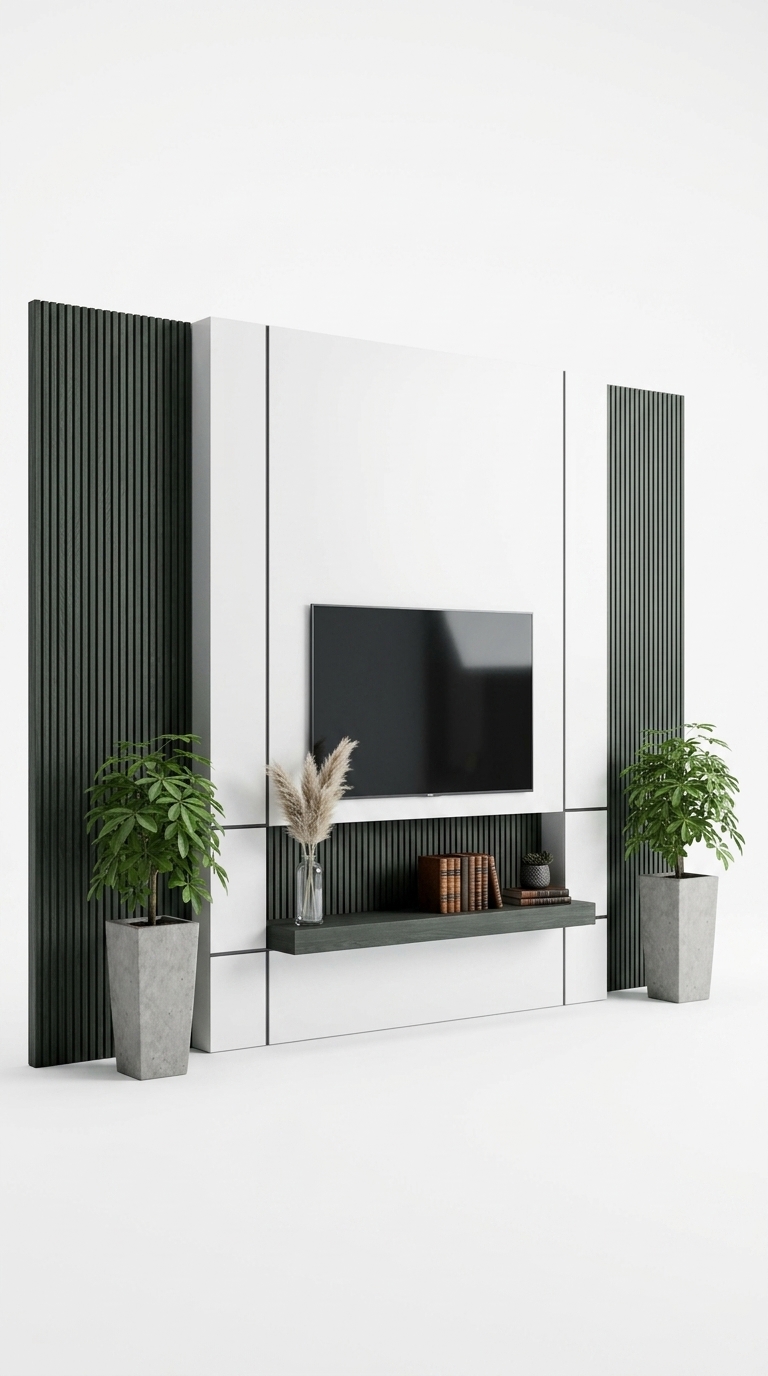 44. Model SketchUp vách TV hiện đại phối nan gỗ xanh và trắng tối giản