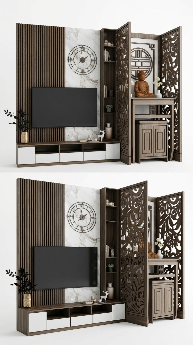 45. Model SketchUp vách TV hiện đại phối nan gỗ xanh và trắng tối giản