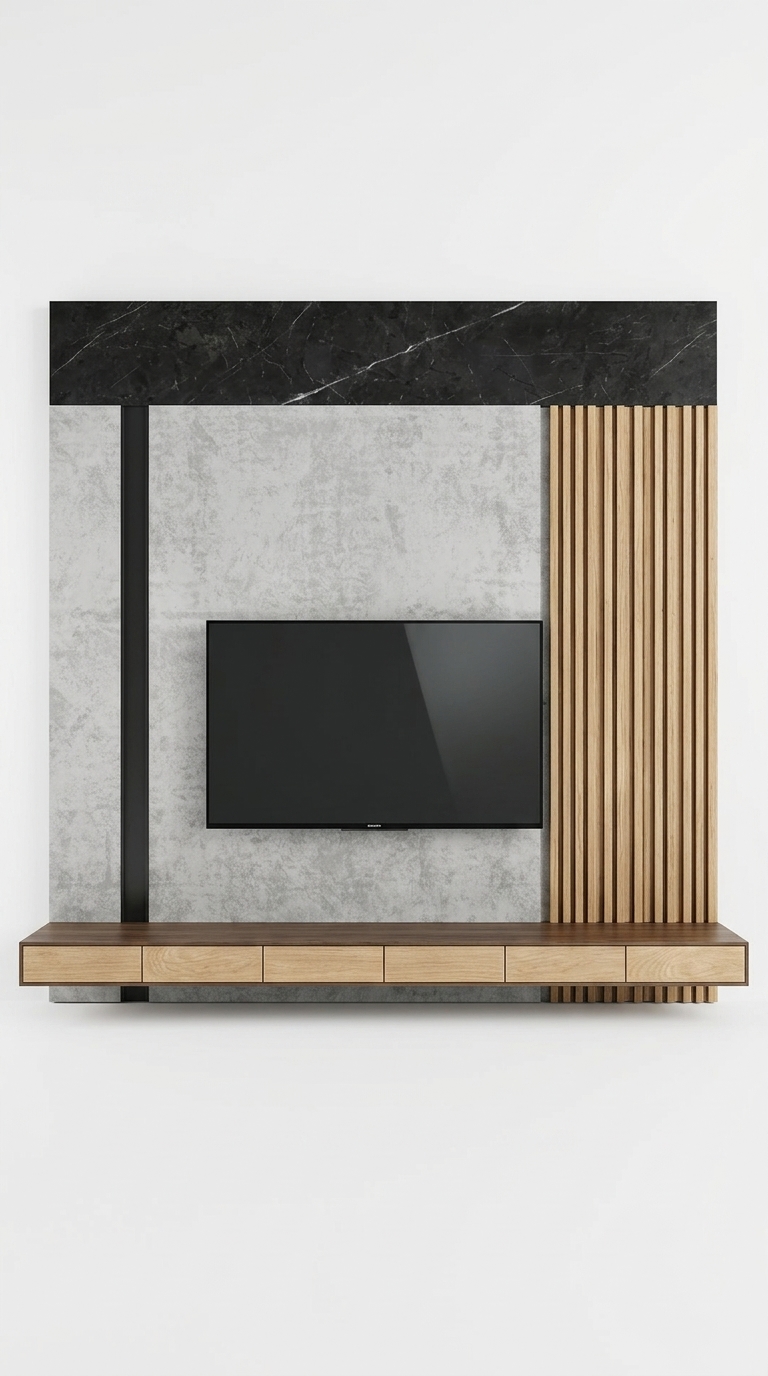 47. Model SketchUp vách TV vân bê tông phối nan gỗ tinh tế