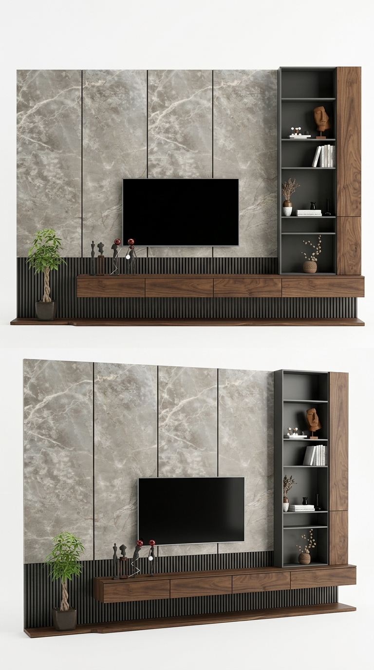 52. Thư viện SketchUp vách TV ốp đá vân mây phối nan gỗ kiến trúc hiện đại