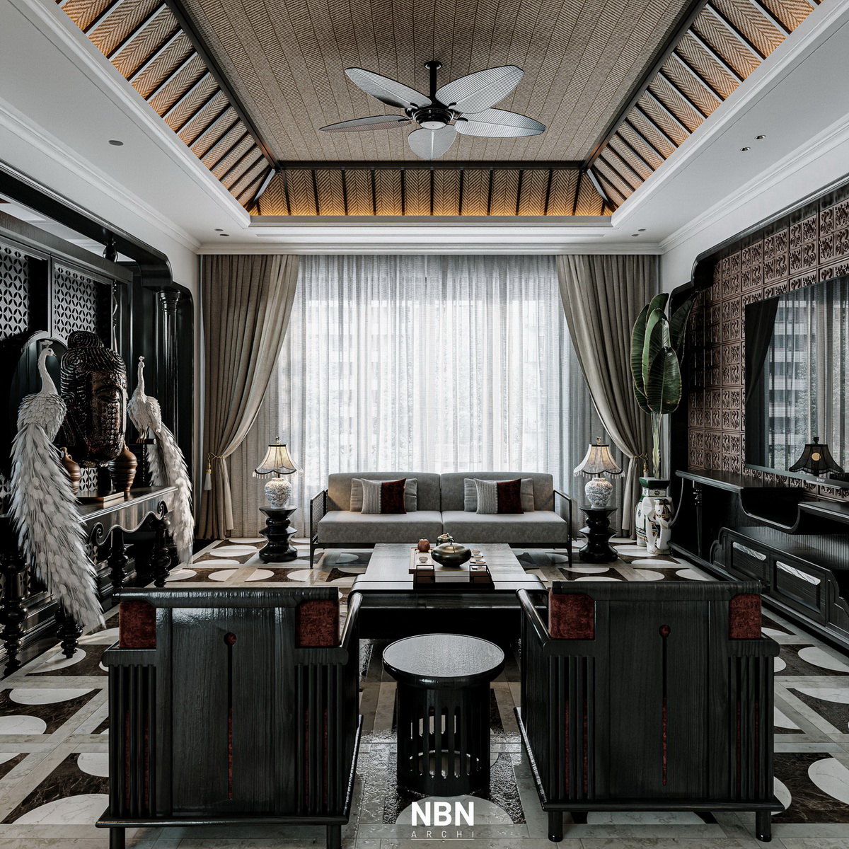 70. Phối cảnh Sketchup phòng khách phong cách Indochine - NBN Archi