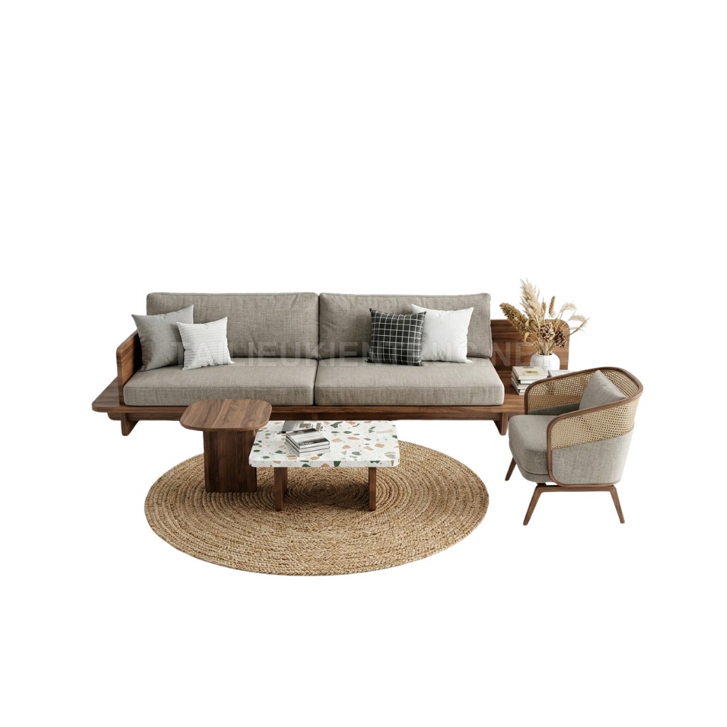 357. Model Sketchup sofa khung gỗ kết hợp ghế mây phong cách tối giản