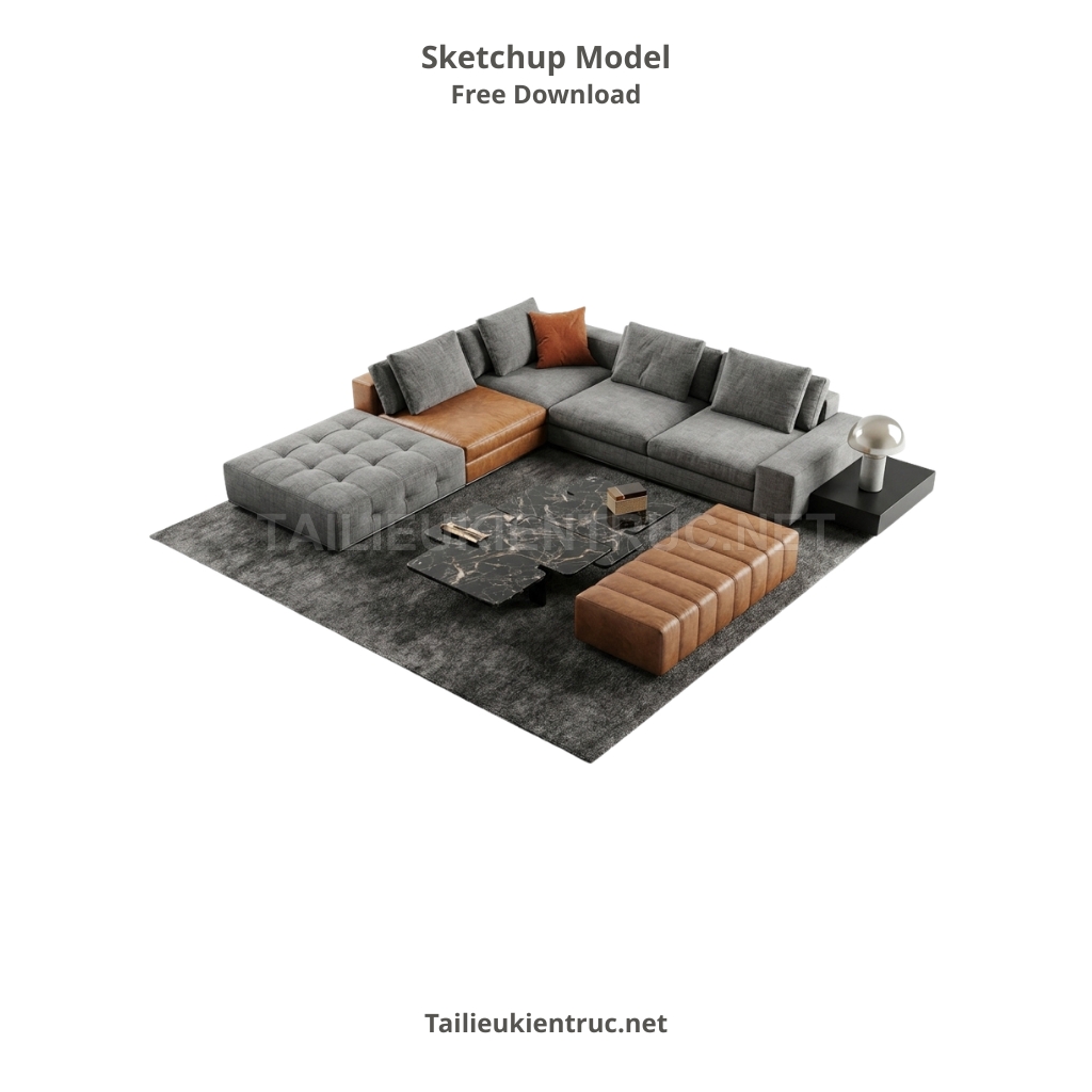 374. Model SketchUp sofa da phối nỉ cao cấp và bàn trà mặt đá marble sang trọng