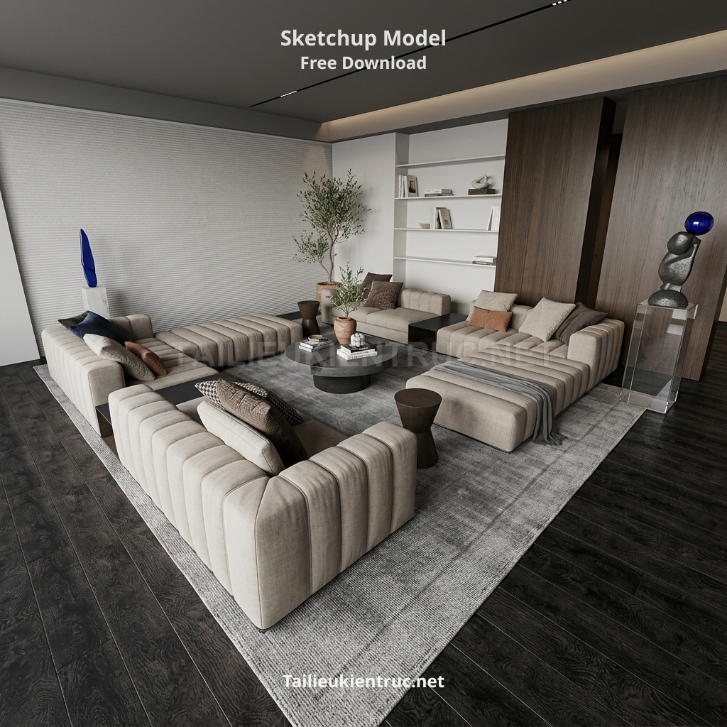 378. Thư viện SketchUp phối cảnh phòng khách đương đại với hệ sofa module quy mô lớn
