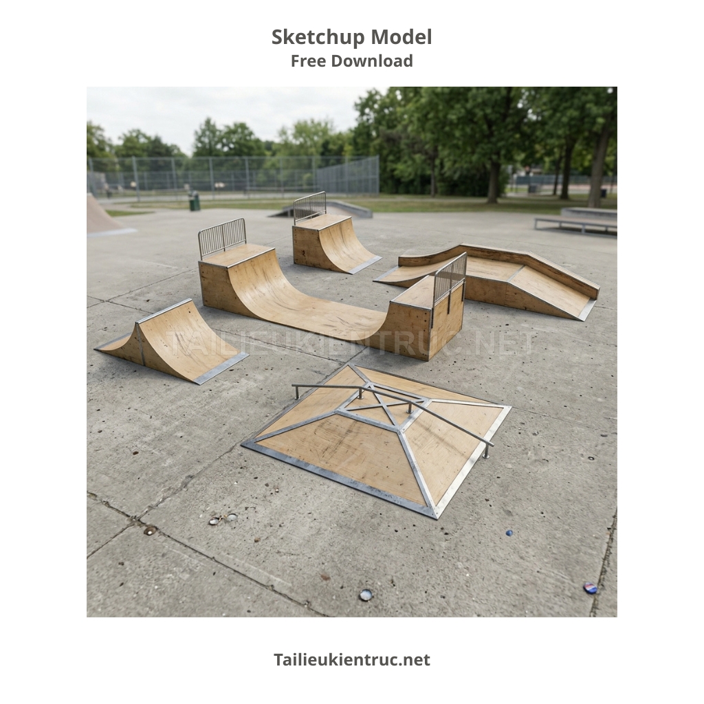 16. Tải miễn phí mô hình Sketchup ramp trượt ván gỗ lớn với lan can bảo vệ
