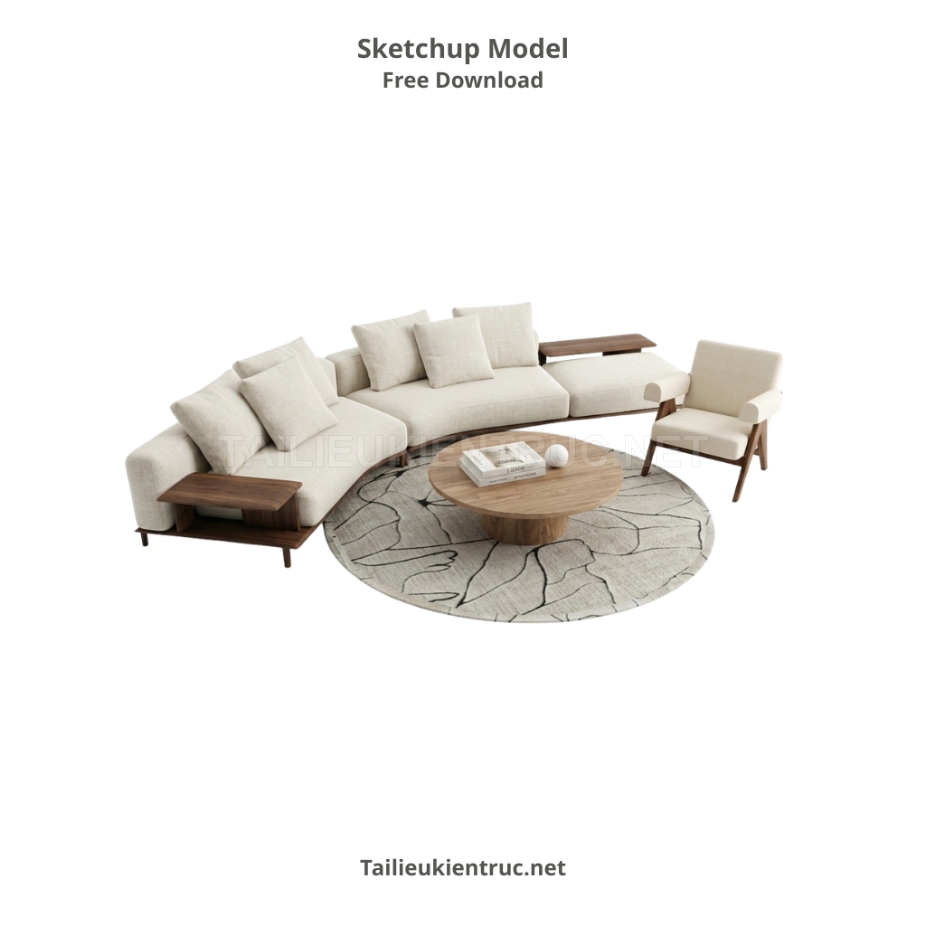 379. Tải model SketchUp sofa cong phối gỗ tự nhiên phong cách Japandi thanh lịch