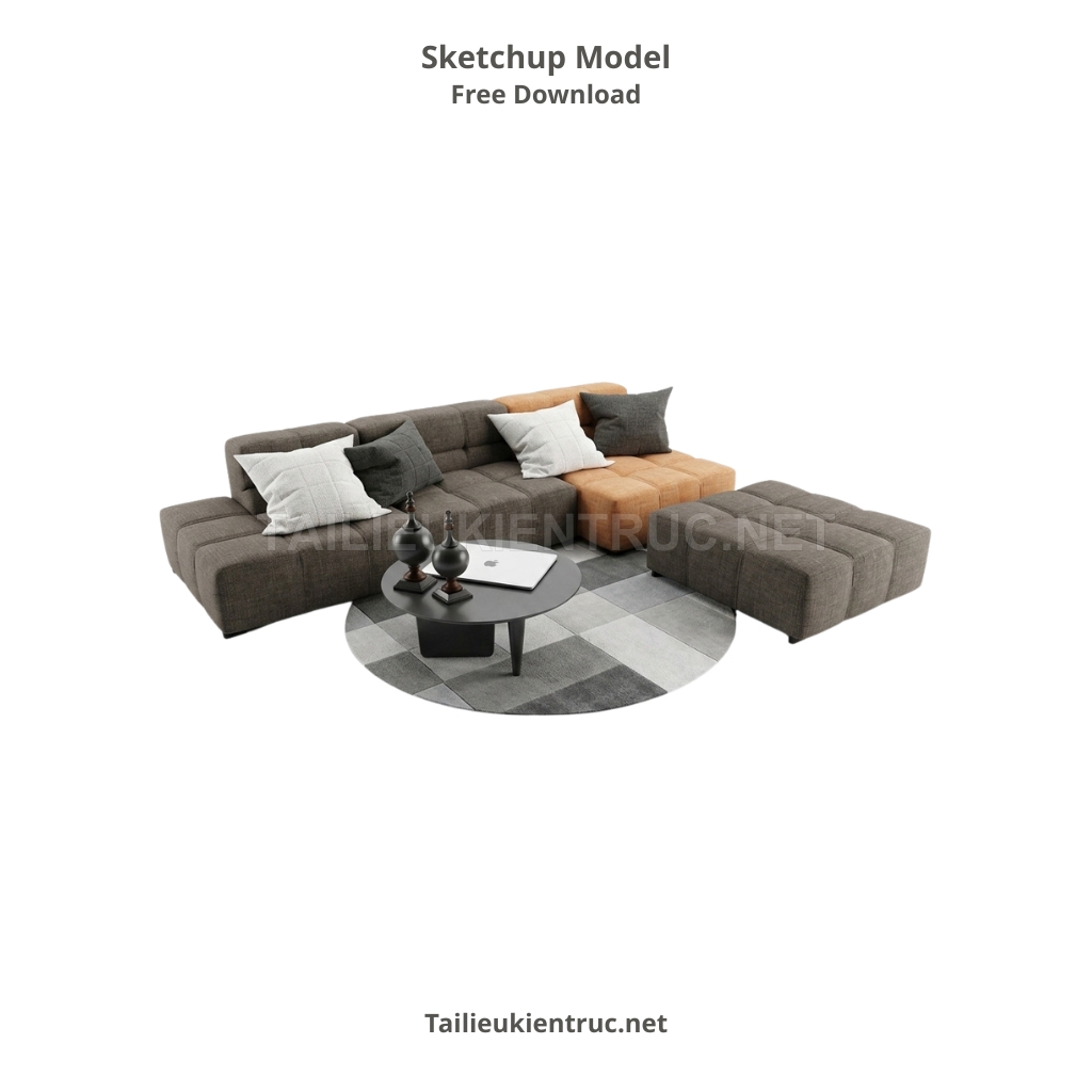 383. Model SketchUp bộ sofa nỉ xám hiện đại kèm bàn trà đôi mặt gỗ tự nhiên