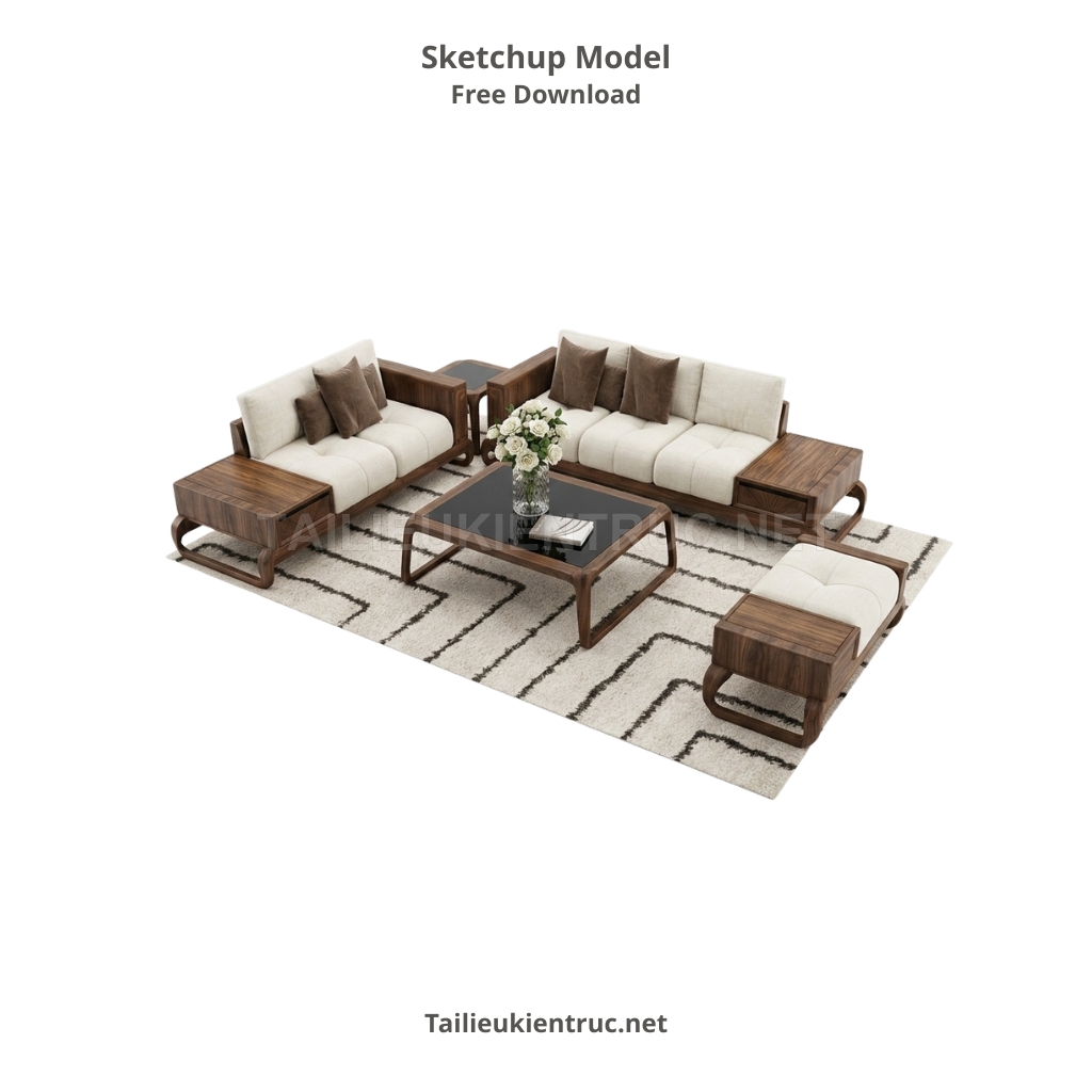 385. File SketchUp bộ sofa da bò cao cấp và bàn trà mặt đá sang trọng cho nội thất