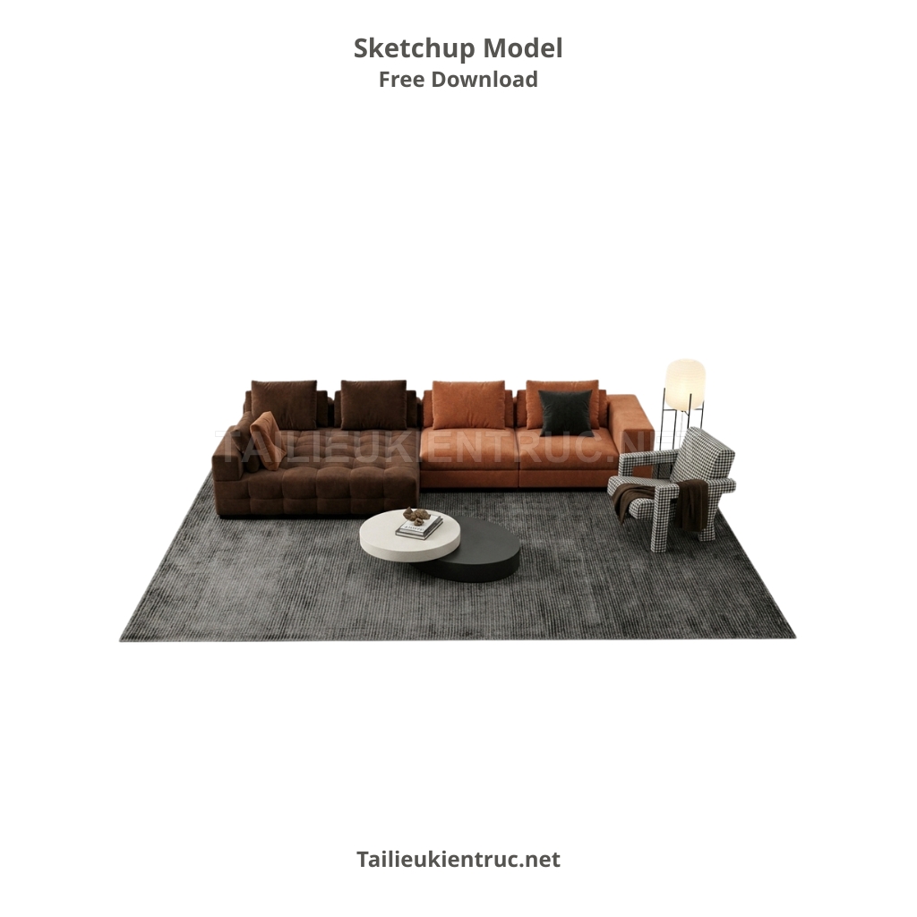 387. Model SketchUp sofa module bọc nỉ cao cấp phối cùng bàn trà gỗ hình khối