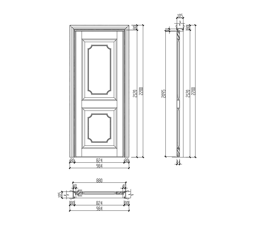 107. Mẫu Bản Vẽ Cửa Gỗ Pano Hai Ô Đơn Giản Cho Nội Thất Chung Cư
