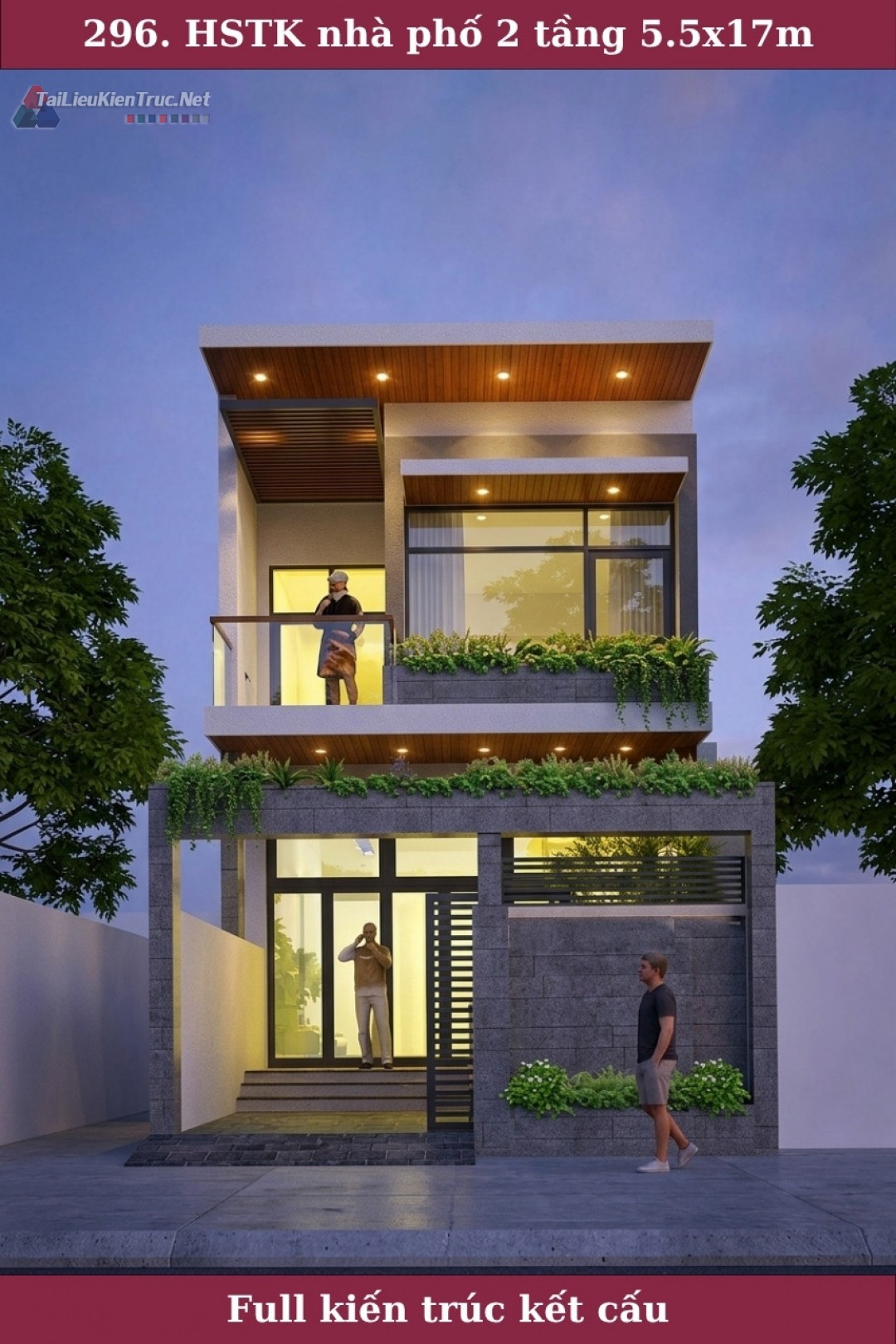296. Hồ sơ thiết kế nhà phố 2 tầng 5.5x17m phần kiến trúc kết cấu