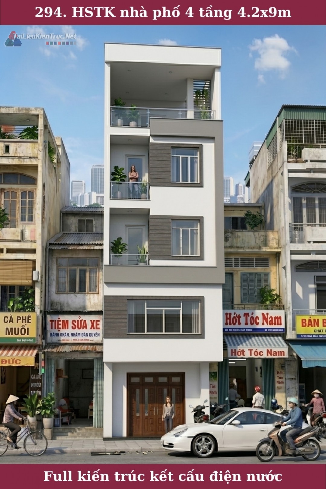 294. Hồ sơ thiết kế nhà phố 4 tầng 4.2x9m đầy đủ kiến trúc, kết cấu, dự toán, điện nước