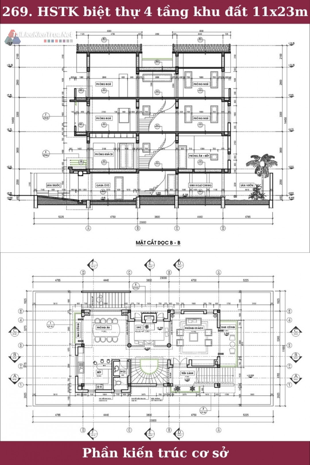 269. Hồ sơ thiết kế biệt thự 4 tầng trên khu đất 11x23m phần kiến trúc