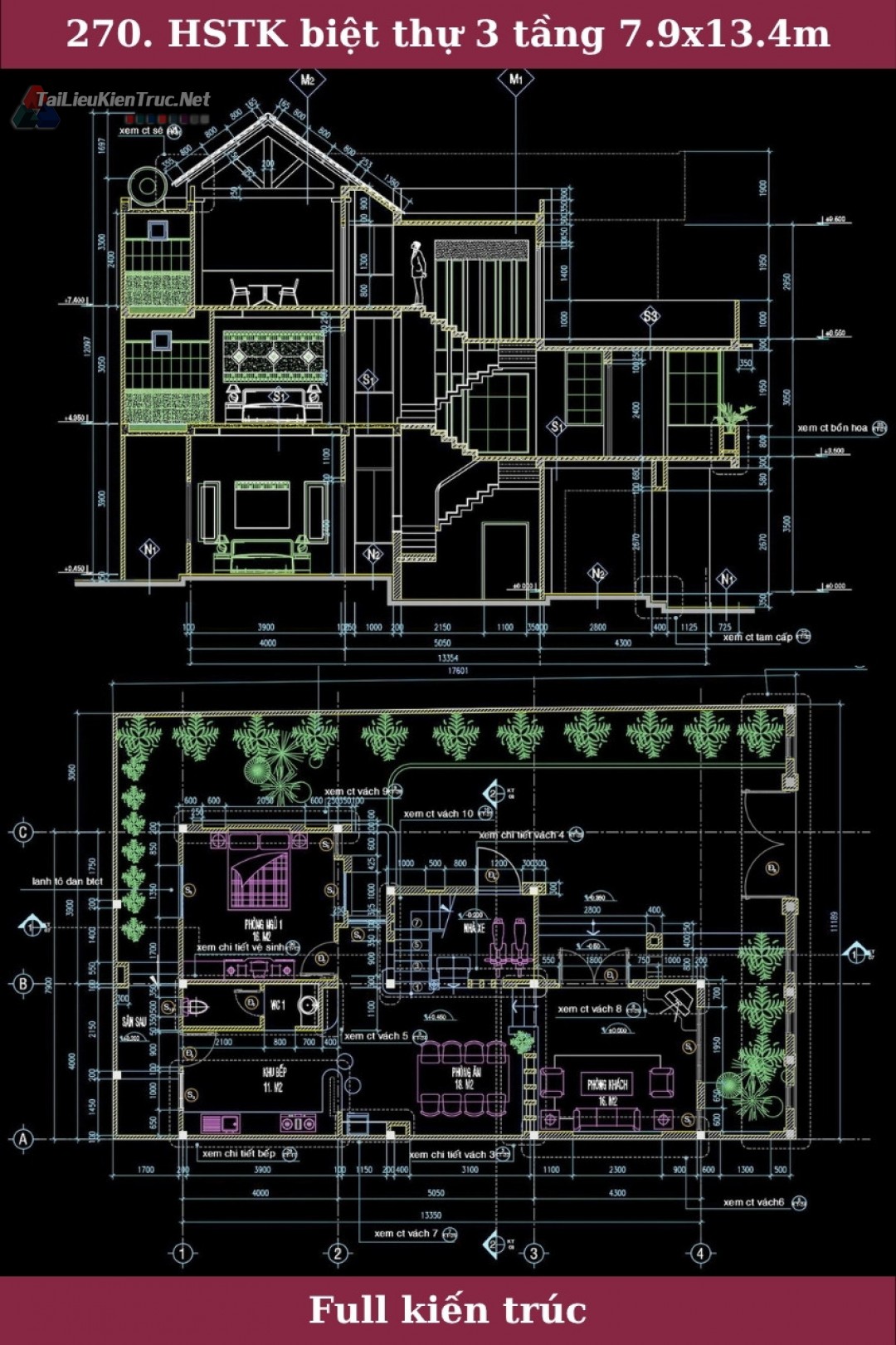 270. Hồ sơ thiết kế biệt thự 3 tầng 7.9x13.4m full kiến trúc